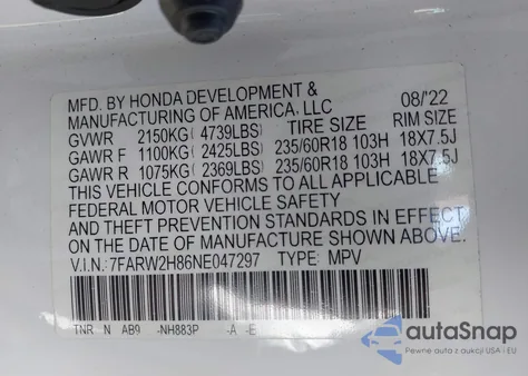 2022 Honda Cr-V Awd Ex-L из США, поврежденный, VIN 7FARW2H86NE047297